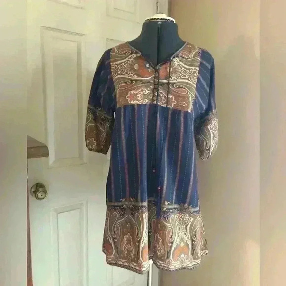 Festival Bathing Suit Cover Up or Tunic Blue Brown Indian Designs Women' s Small - Picture 1 of 5